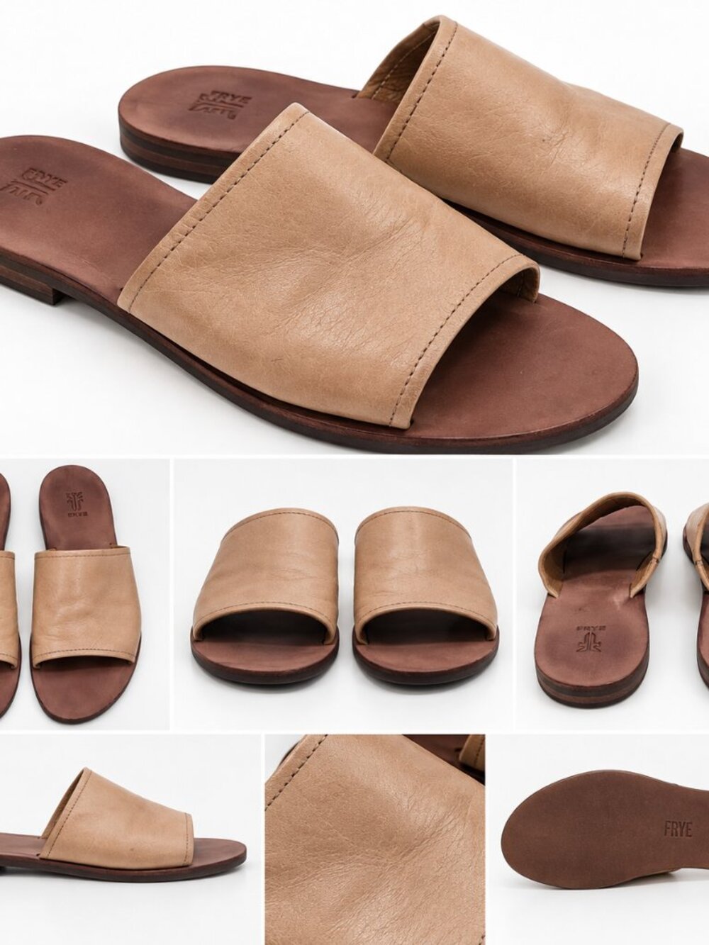 Frye Womens US 5.5 Tan Leather Slide Sandals Flat Casual Minimalist Shoe